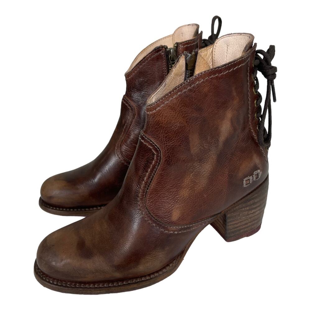Bed Stu Xena Ankle Booties 6 Brown Leather Distressed Heel Lace Back Rustic
